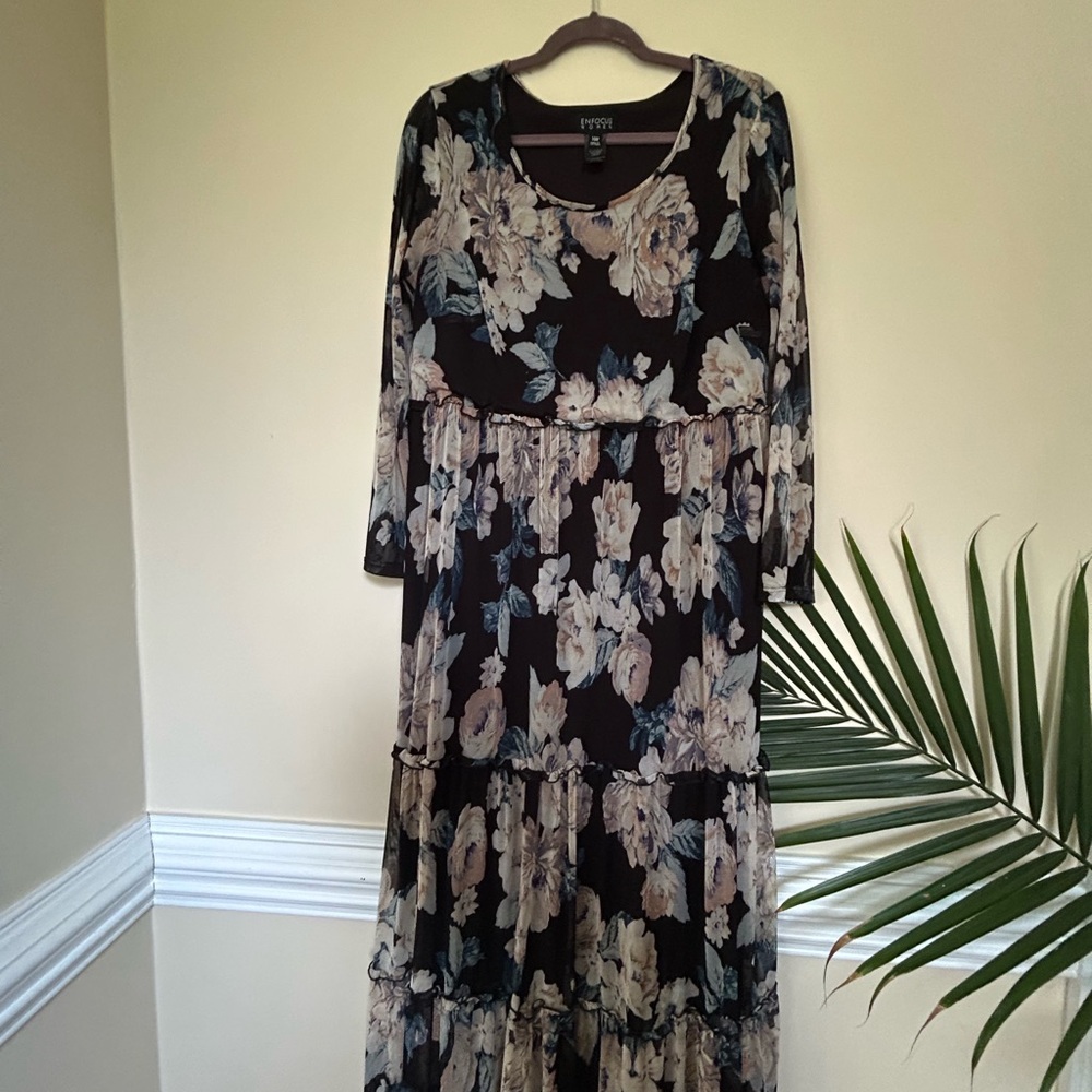 Enfocus Studio Black and Cream Floral Long Sleeve Dress